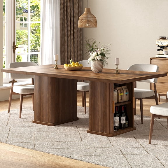 78.74" Long Rectangle Dining Table with Fluted Storage Legs & Sliding Tambour Doors, Farmhouse Dinner Table for 6/8/10, Large Tabletop with Hidden Shelves for Dining Room, Kitchen, Living Room, Brown