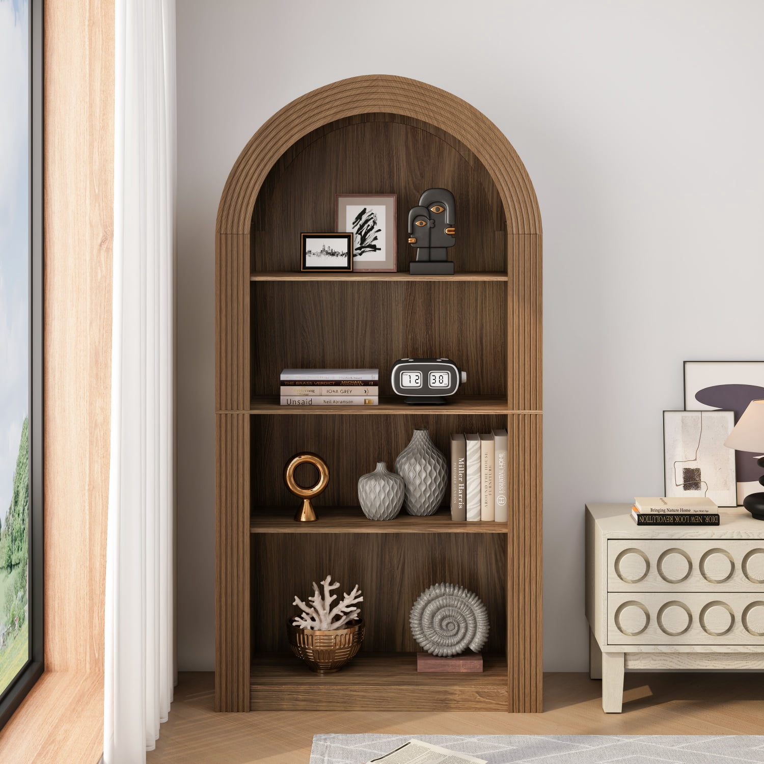 78.74" Tall Arched Bookcase, Mid Century Modern 4-Tier Arched Storage Bookcase with Open Display Storage Shelf for Dining Room, Living Room,Bedroom (Brown)