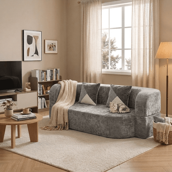 78.74"W Eggshell Convertible Sofa,Floor Couch,Sleeper Sofa Bed,No Assembly High-Density Sponge Loveseat with 2 Pillows for Living Room, Apartment,Small Spaces,Charcoal Gray