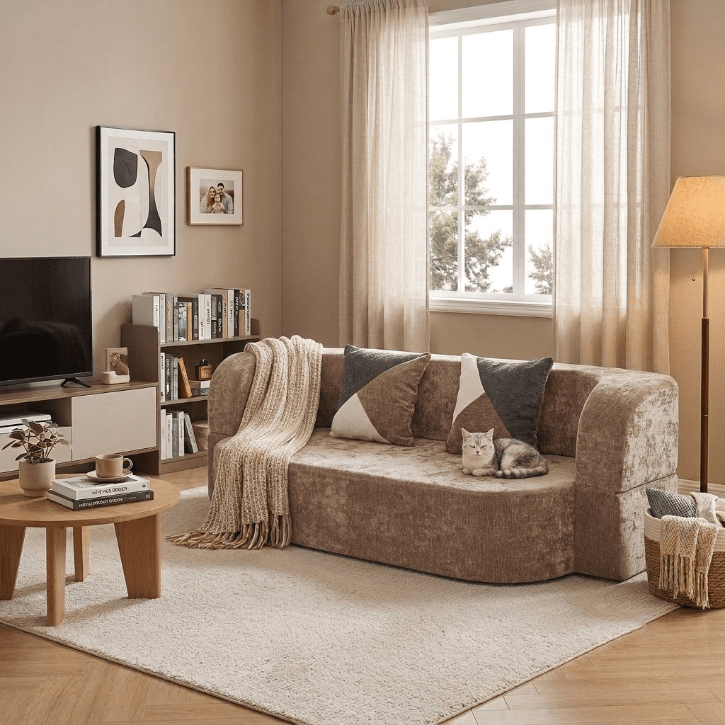 78.74"W Eggshell Convertible Sofa,Floor Couch,Sleeper Sofa Bed,No Assembly High-Density Sponge Loveseat with 2 Pillows for Living Room, Apartment,Small Spaces,Taupe Beige