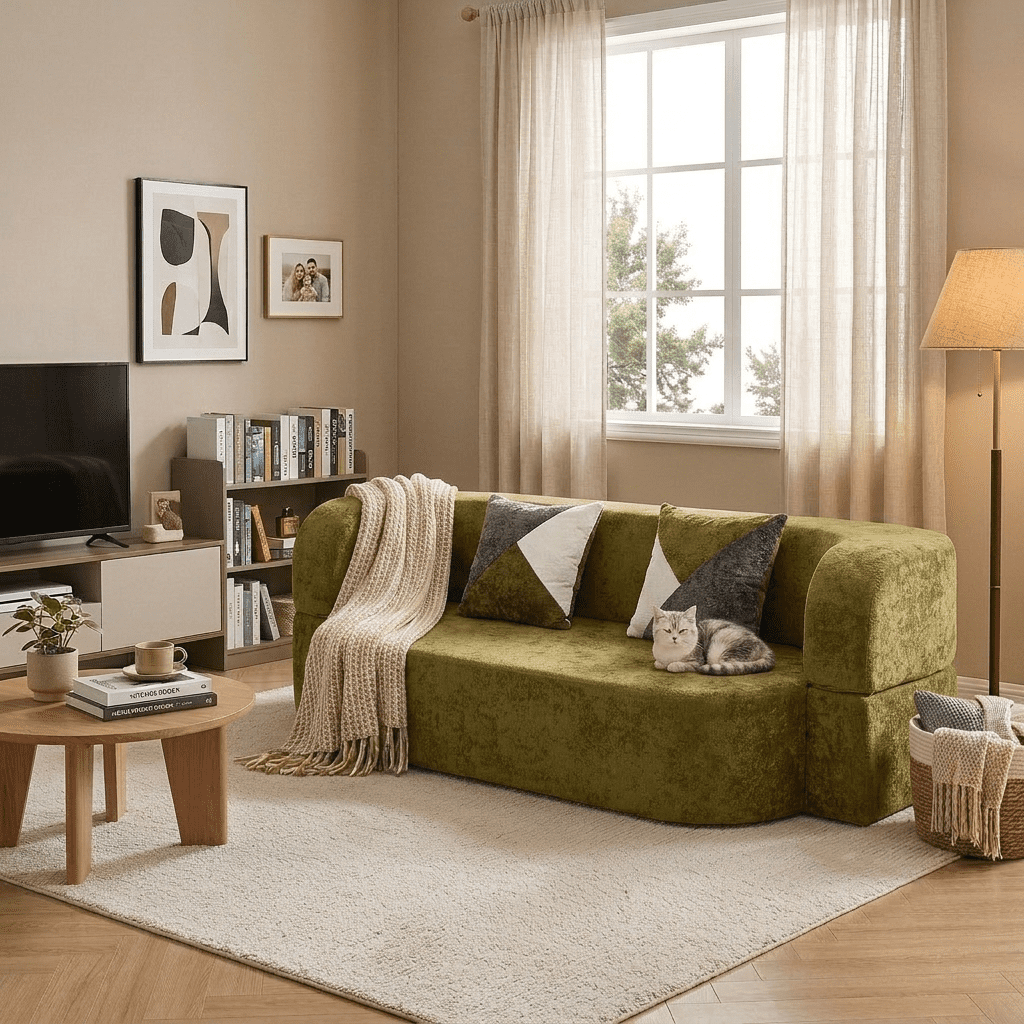78.74"W Eggshell Convertible Sofa,Floor Couch,Sleeper Sofa Bed,No Assembly High-Density Sponge Loveseat with 2 Pillows for Living Room, Apartment,Small Spaces,Olive Green