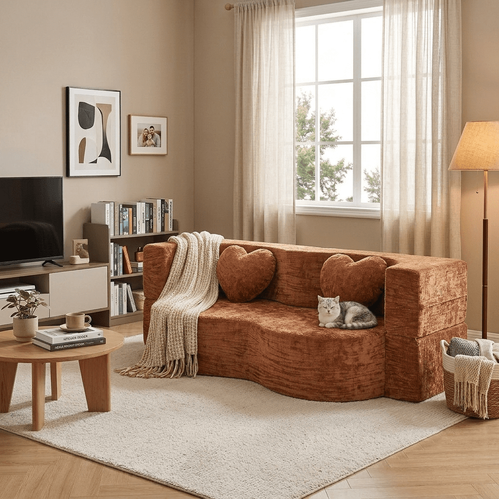 78.74"W Heart-Shaped Convertible Sofa,Floor Couch,Sleeper Sofa Bed,No Assembly High-Density Sponge Loveseat with 2 Heart Pillows for Living Room, Apartment,Burnt Orange