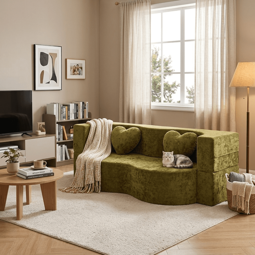 78.74"W Heart-Shaped Convertible Sofa,Floor Couch,Sleeper Sofa Bed,No Assembly High-Density Sponge Loveseat with 2 Heart Pillows for Living Room, Apartment,Olive Green