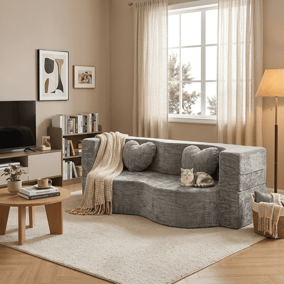 78.74"W Heart-Shaped Convertible Sofa,Floor Couch,Sleeper Sofa Bed,No Assembly High-Density Sponge Loveseat with 2 Heart Pillows for Living Room, Apartment,Silver Gray