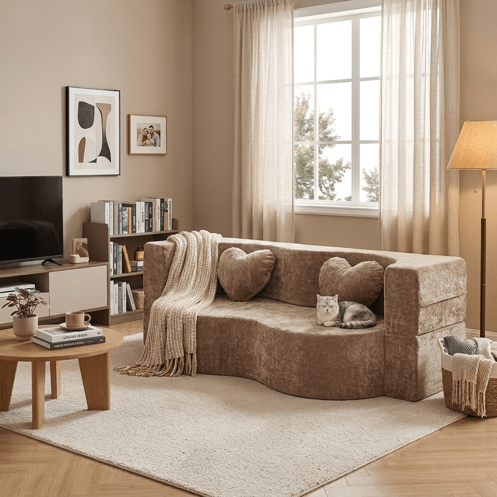 78.74"W Heart-Shaped Convertible Sofa,Floor Couch,Sleeper Sofa Bed,No Assembly High-Density Sponge Loveseat with 2 Heart Pillows for Living Room, Apartment,Warm Taupe