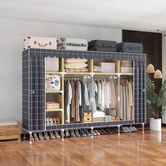 78.74Inch Portable Closet Organizer with Hanging Rack, Dustproof Peach Skin Fabric Wardrobe Storage, Grey Plaid