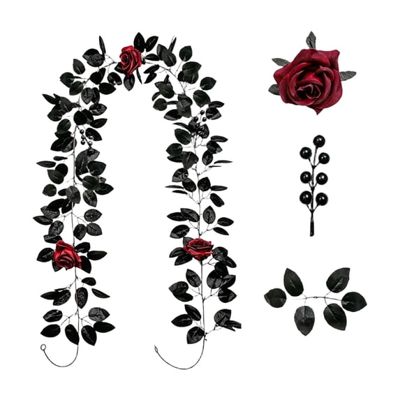 78.74in Halloween Garland with Red Roses & Black Berries, Artificial Floral Vine for Mantel Stair Door Indoor Outdoor Fall Decor