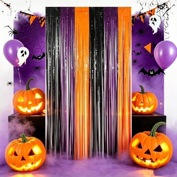 78.74x39.37 Inch Orange Black Halloween Foil Fringe Curtain, Self Adhesive Quick Install Shiny Photo Backdrop, Foldable Reusable Party Streamer Decor, For Booth Wall Door Halloween Event Layout