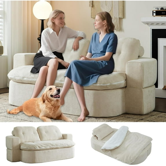 78.75" Convertible Folding Sofa Bed Full Size, Memory Foam Floor Couch with 2 Pillows, Boneless Loveseat Sleeper with Removable Cushion, Corduroy Curved Couch Bed for Living Room, Cream