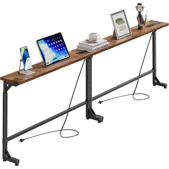 78.75 Inch Narrow Console Table with 2 Station, Behind Couch Table Set of 2, Sofa Table Adjustable Height, Long Entryway Tables for Living Room, Rustic Brown