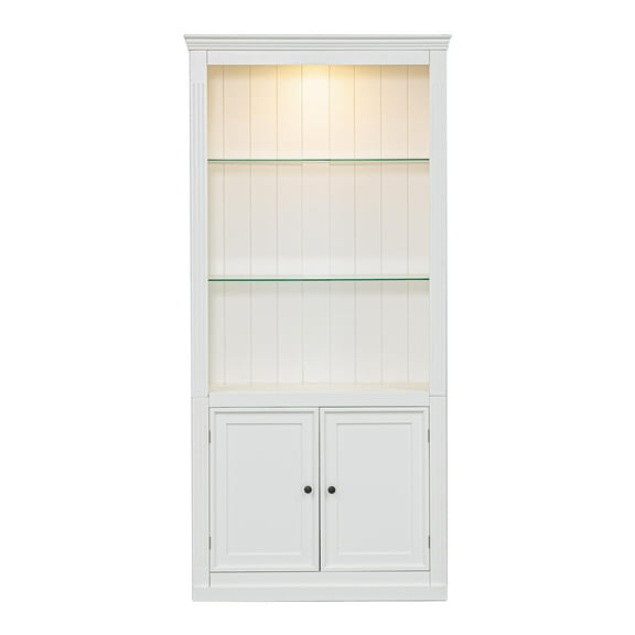 "78.75-Inch Tall Display Bookcase with 5-Color Adjustable LED Ceiling Light, Retro Style, Tempered Glass Shelves, Perfect for Home/Office/Studio - White"