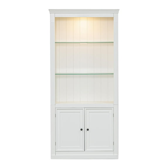 "78.75-Inch Tall Display Bookcase with 5-Color Adjustable LED Ceiling Light, Retro Style, Tempered Glass Shelves, Perfect for Home/Office/Studio - White"