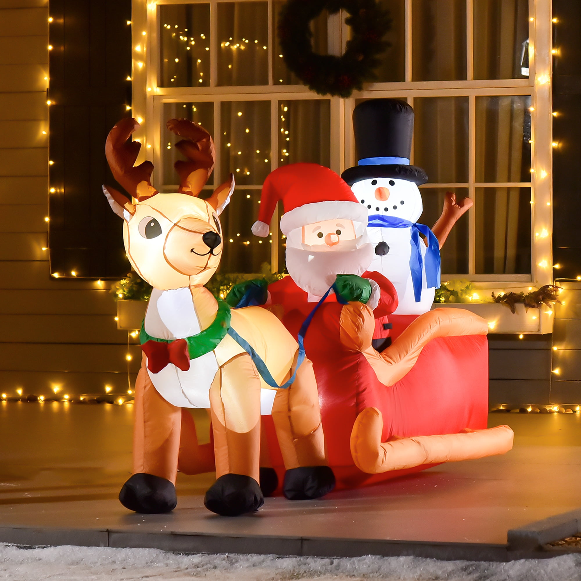 78.75"L Inflatable Christmas Santa on Sleigh with Reindeer Snowman, 5 B2 LED Lights, Weather-Resistant Polyester (IP44), Auto-Inflate, 8 Stakes 2 Drawstrings 2 Sandbags, Indoor Outdoor Decor