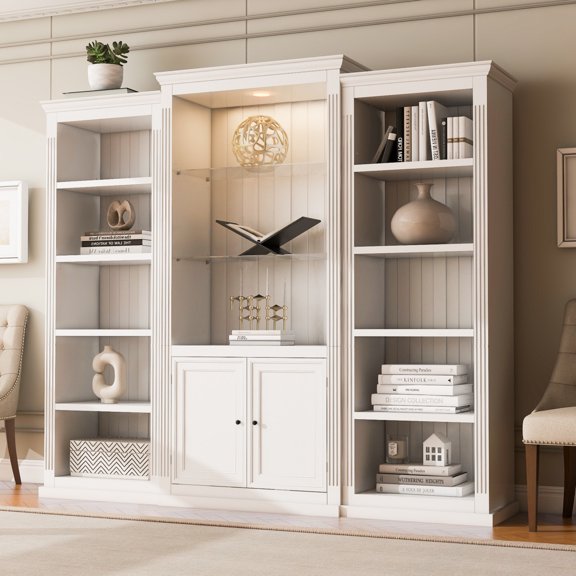 78.75'' Tall 3-Pieces Bookcase Display Cabinet with Adjustable LED Ceiling Light, Retro Style Bookshelves with Tempered Glass Shelves for Living Room, Office, Studio or Workspace, White