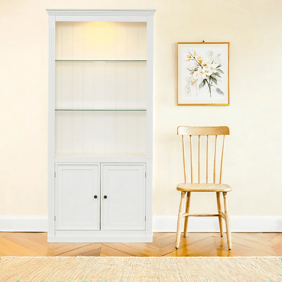 78.75'' Tall Display Shelves with 5 Colors Adjustable LED Ceiling Light, Retro-style Bookcases with Tempered Glass Shelves for Living Room, Home, Office, Studio or Workspace, White