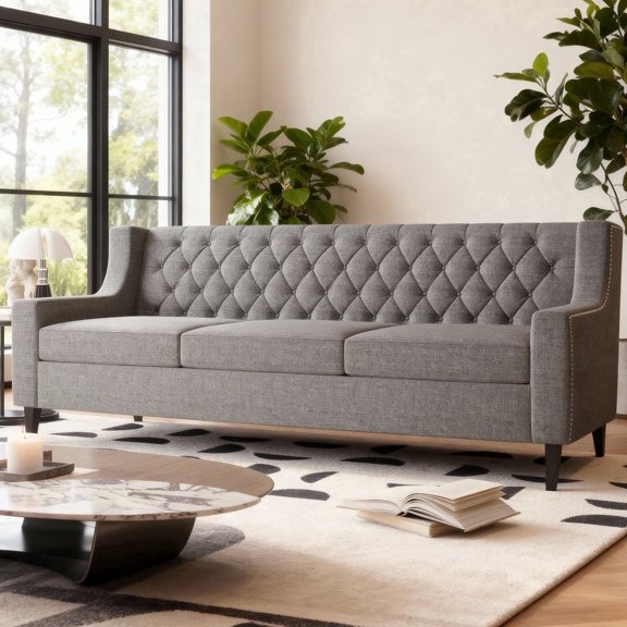 Chalantevo 78.75" 3-Seater Fabric Sofa with Diamond Tufting, Cozy Upholstered Couch for Living Room, Apartment, Gray.