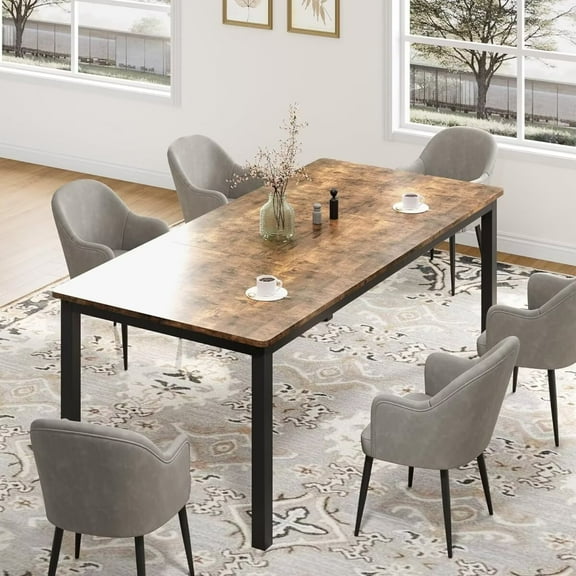 78.7in Dining Table for 8, Long Wooden Kitchen Table with Sturdy Metal Legs, for Living Dining Room Home Office, Brown