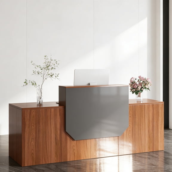 78.7in Reception Desk with Counter for Office Checkout Walnut Modern Front Desk for Salon Lobby
