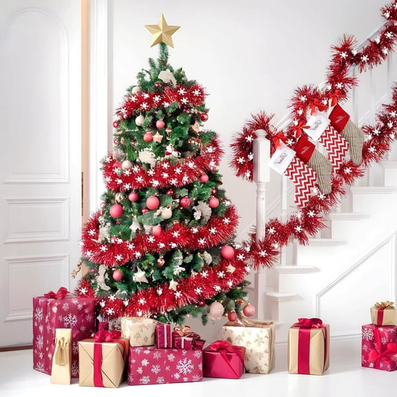 78.7in Red Christmas Pull Flower Ribbon – Wool Strip Hanging Ornament for Tree, Window, Gift Wrap, Wreaths & Party Decor – Soft Plastic Holiday Decoration