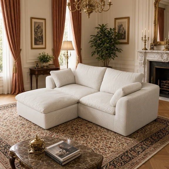 78.8" Cloud Sofa, L-Shaped Sectional Couch with Chaise, Vacuum Packed, Removable Covers, Linen Fabric, White