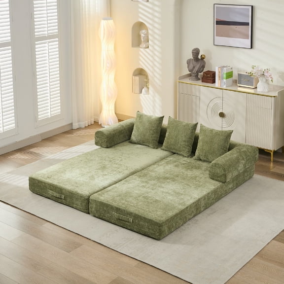78.8" Comfy Convertible Folding Mattress Couch with Arm Pocket, Floor Sofa Bed, Chenille Floor Sofa with Armrest, Floor Sofa Lounge Couch for Living Room Bedroom Lounge Studio, Green