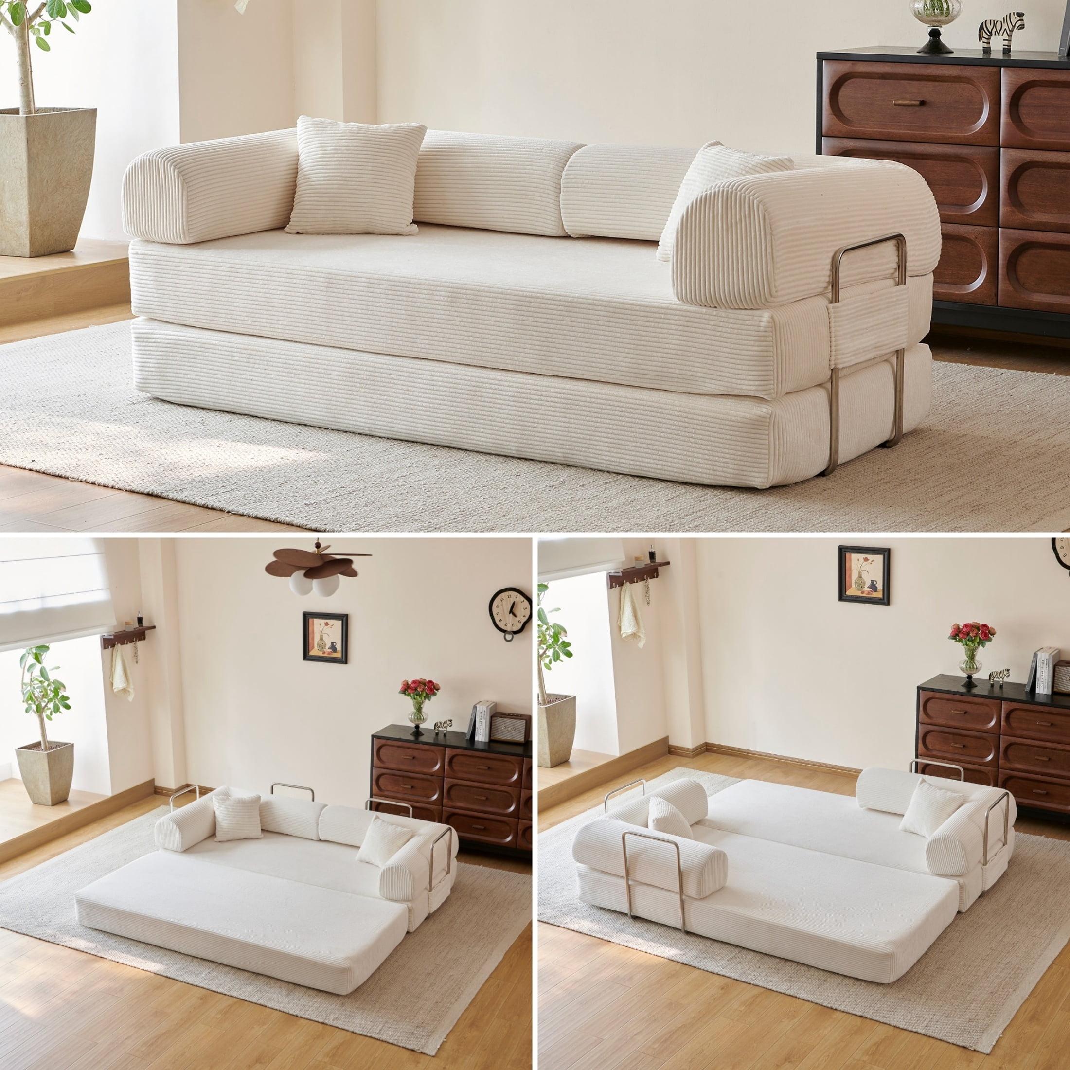 78.8" Compression Boneless Floor Sofa Bed, Convertible Couch with L-Shaped Armrests, Upholstered Modular Futon Sleeper Loveseat