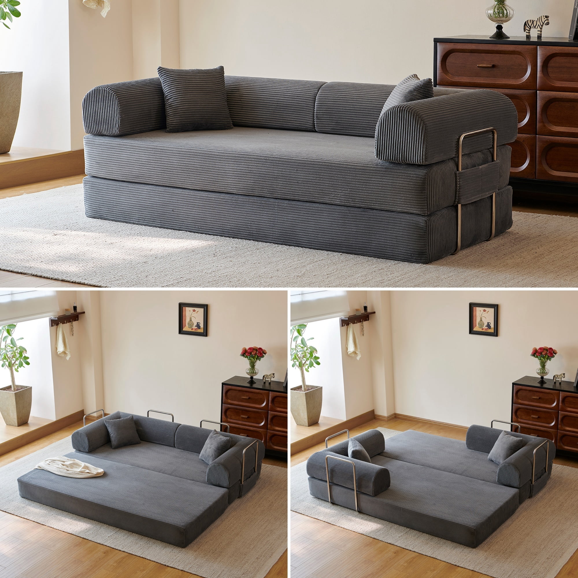 78.8" Compression Boneless Floor Sofa Bed, Convertible Couch with L-Shaped Armrests, Upholstered Modular Futon Sleeper Loveseat