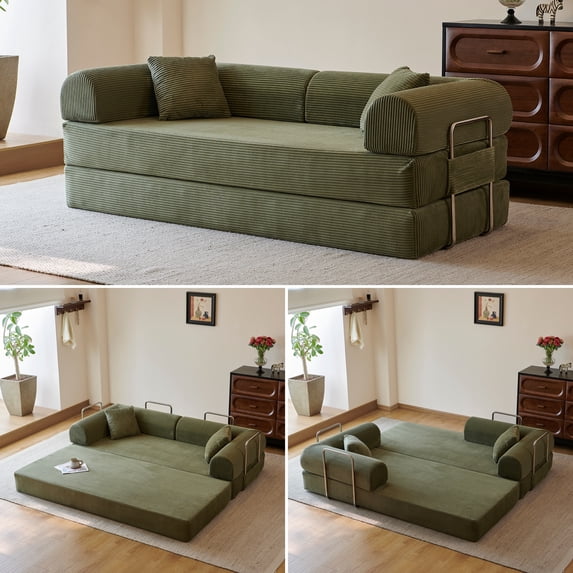 78.8" Compression Boneless Floor Sofa Bed, Convertible Couch with L-Shaped Armrests, Upholstered Modular Futon Sleeper Loveseat