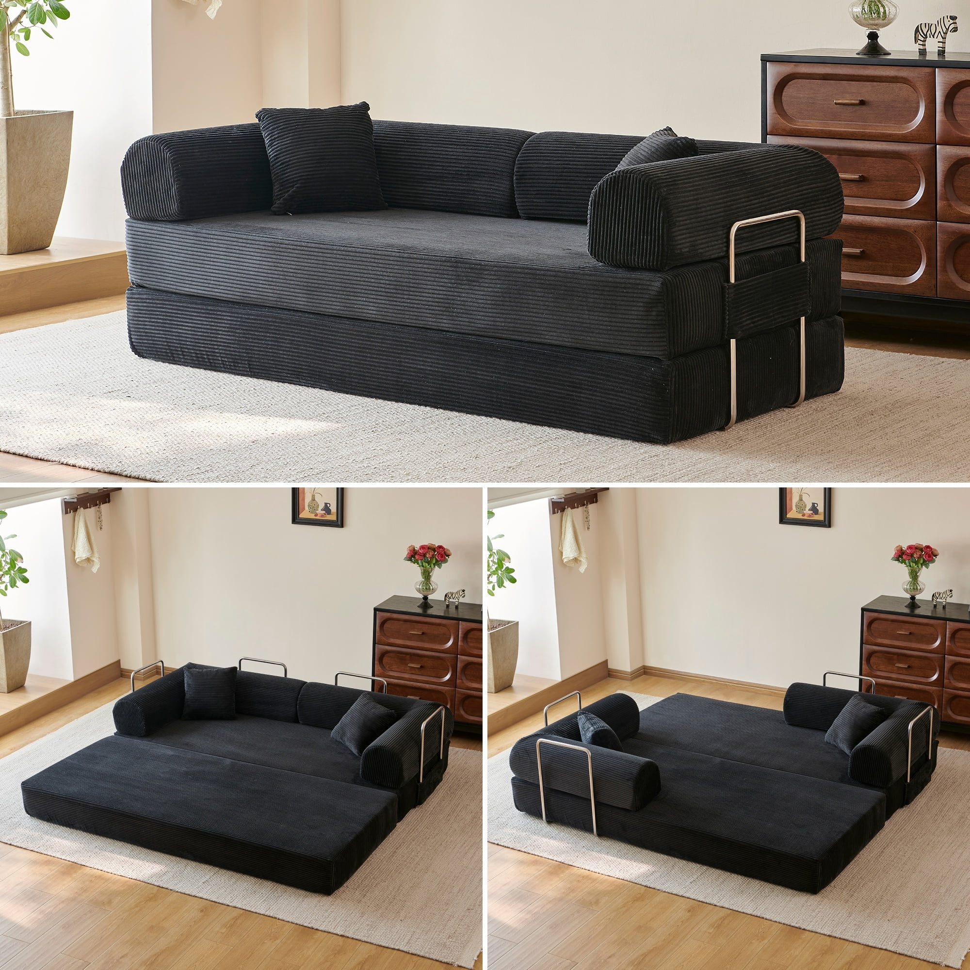 78.8" Compression Boneless Floor Sofa Bed, Convertible Couch with L-Shaped Armrests, Upholstered Modular Futon Sleeper Loveseat