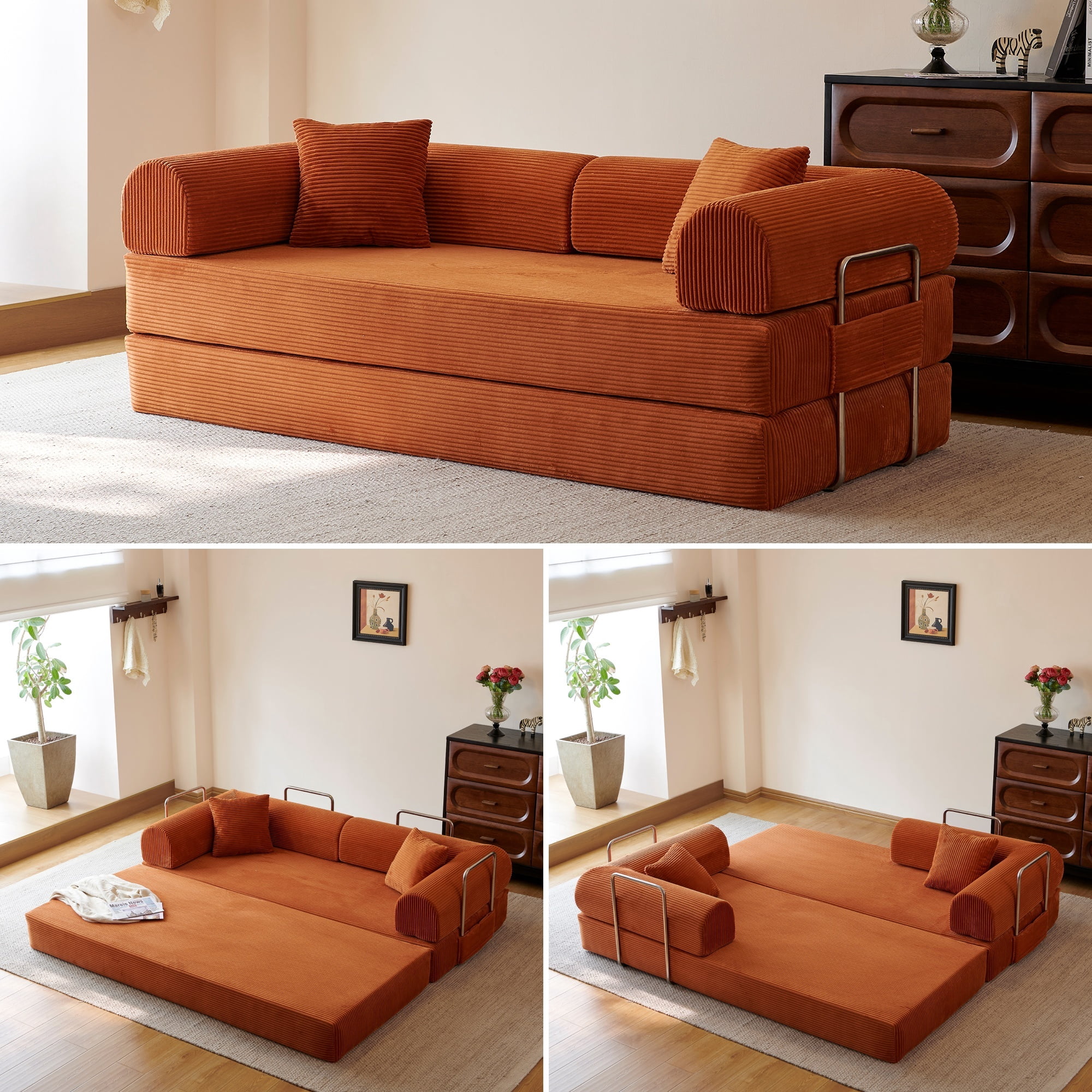 78.8" Compression Boneless Floor Sofa Bed, Convertible Couch with L-Shaped Armrests, Upholstered Modular Futon Sleeper Loveseat