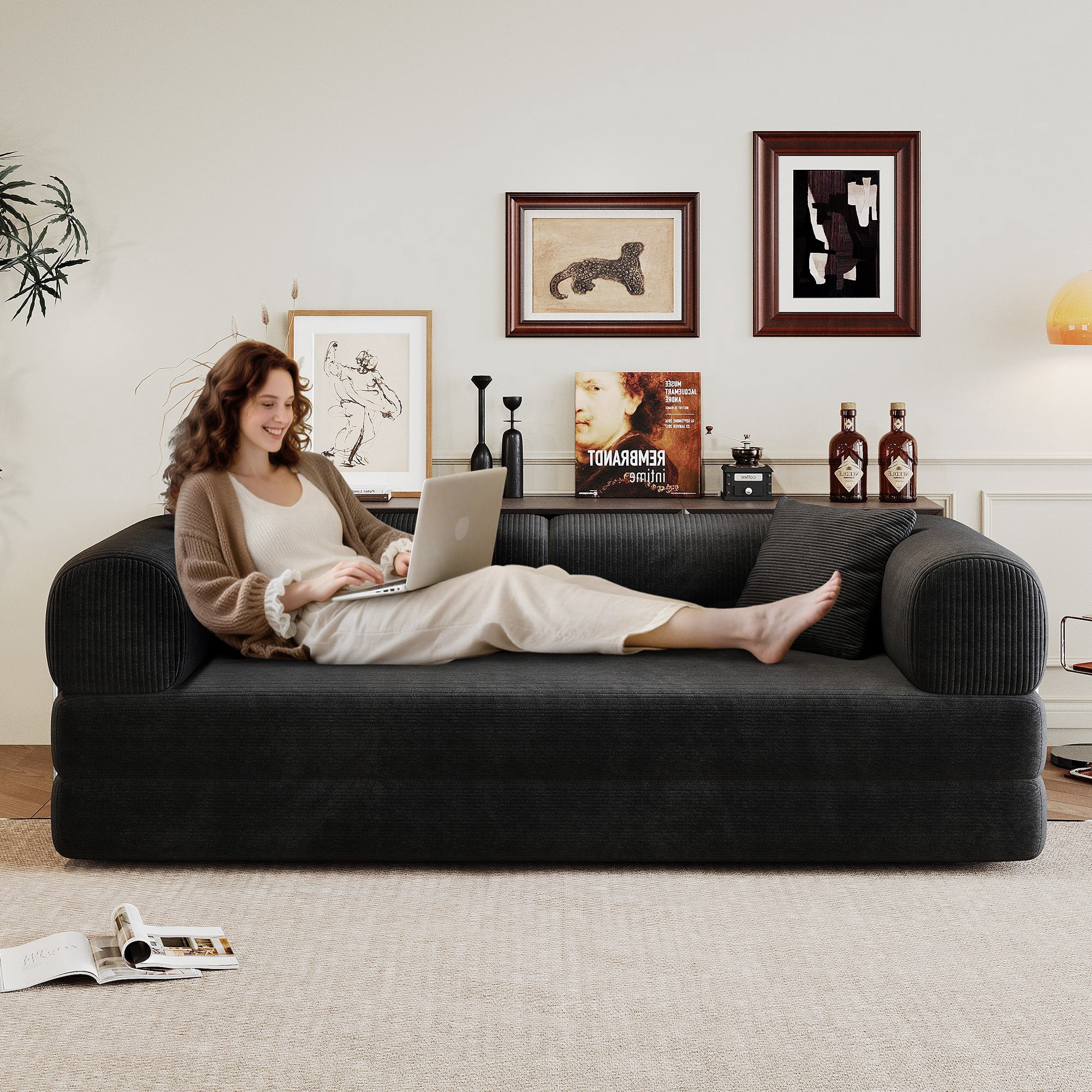 78.8" Compression Sofa Bed, Convertible Floor Futon Couch with Pillow & Armrests, Modular Corduroy Sofa, Black