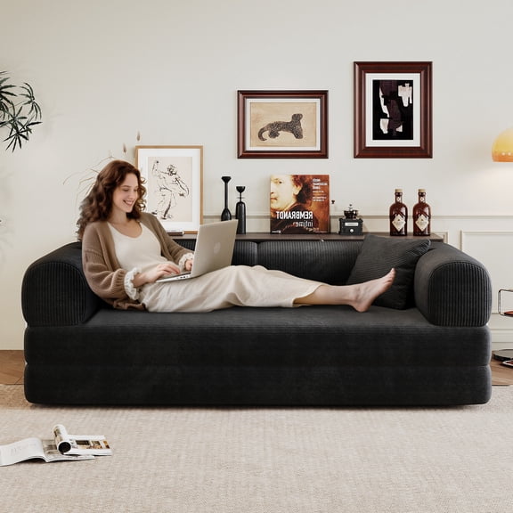 78.8" Compression Sofa Bed, Convertible Floor Futon Couch with Pillow & Armrests, Modular Corduroy Sofa, Black