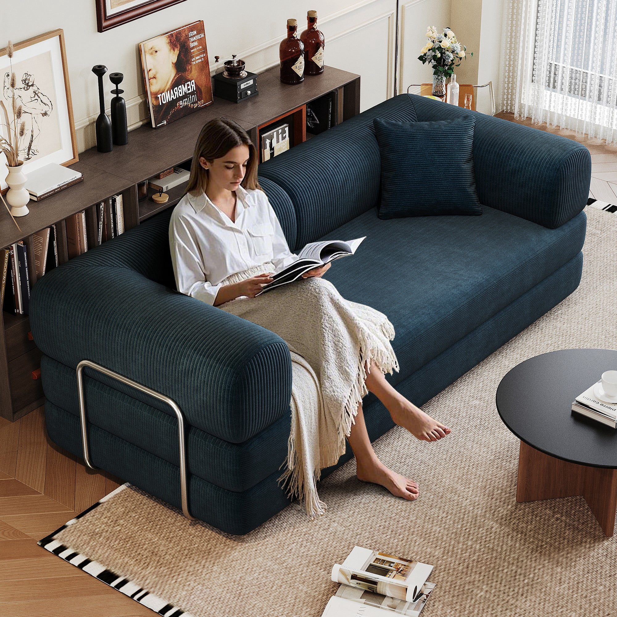 78.8" Compression Sofa Bed, Convertible Floor Futon Couch with Pillow & Armrests, Modular Corduroy Sofa, Blue