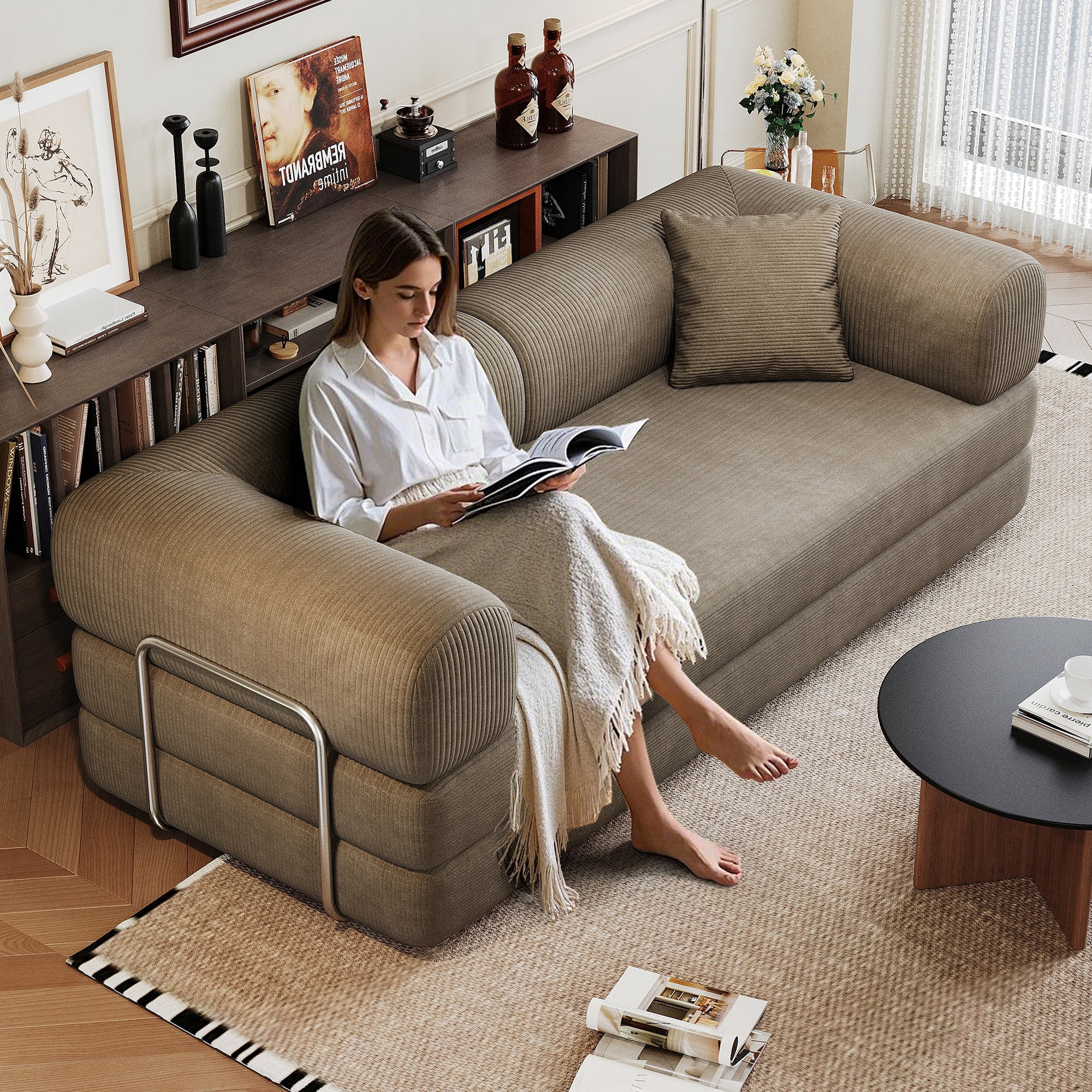 78.8" Compression Sofa Bed, Convertible Floor Futon Couch with Pillow & Armrests, Modular Corduroy Sofa, Camel