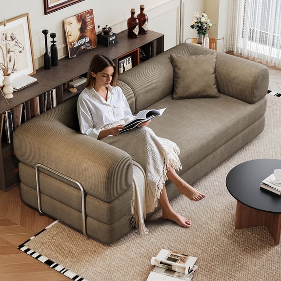 78.8" Compression Sofa Bed, Convertible Floor Futon Couch with Pillow & Armrests, Modular Corduroy Sofa, Camel