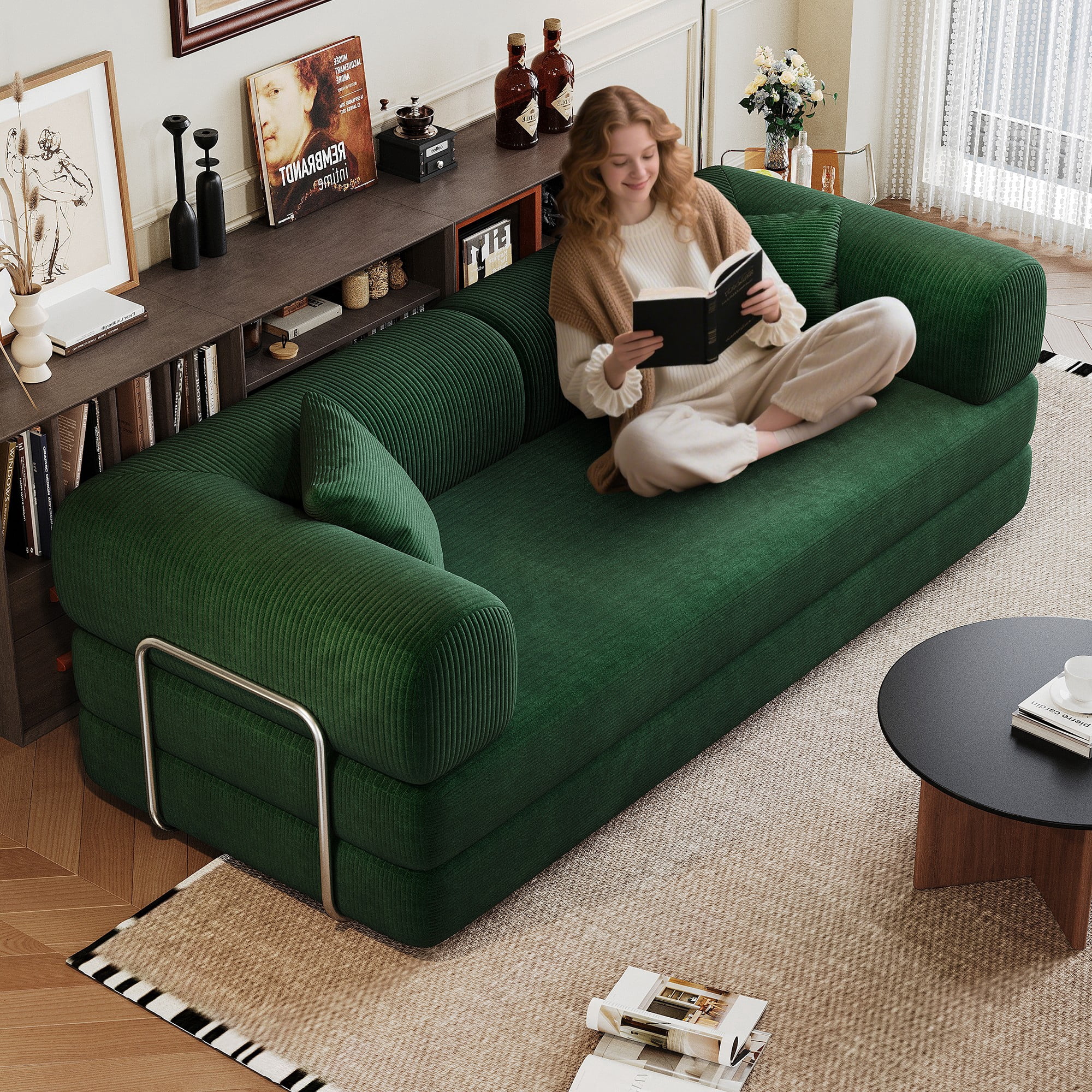 78.8" Compression Sofa Bed, Convertible Floor Futon Couch with Pillow & Armrests, Modular Corduroy Sofa, Green