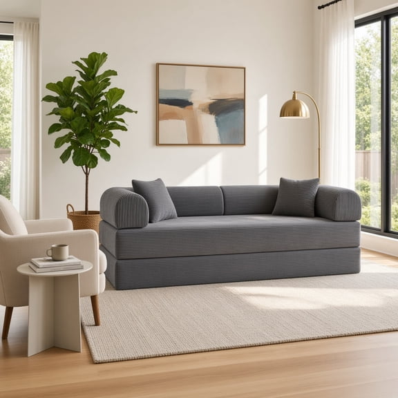 78.8" Compression Sofa, Convertible Floor Sofa Bed with Pillow Back Support Armrest, Comfy Futon Couch Sleeper Bed, Loveseats Boneless Modular Sectional Sofa, Corduroy Fabric, for Living Room,Gray