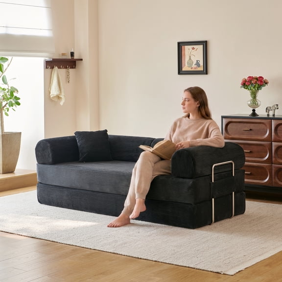 78.8" Compression Sofa,Convertible Floor Sofa Bed-with Pillow Back Support Armrest,Comfy Futon Couch Sleeper Bed,Loveseats Boneless Modular Sectional Sofa,Corduroy fabric,for Living Room,Bedroom grey