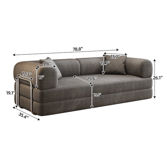 78.8" Compression Sofa,Convertible Floor Sofa Bed-with Pillow Back Support Armrest,Comfy Futon Couch Sleeper Bed,Loveseats Boneless Modular Sectional Sofa,Corduroy fabric,for Living Room,Bedroom,Grey