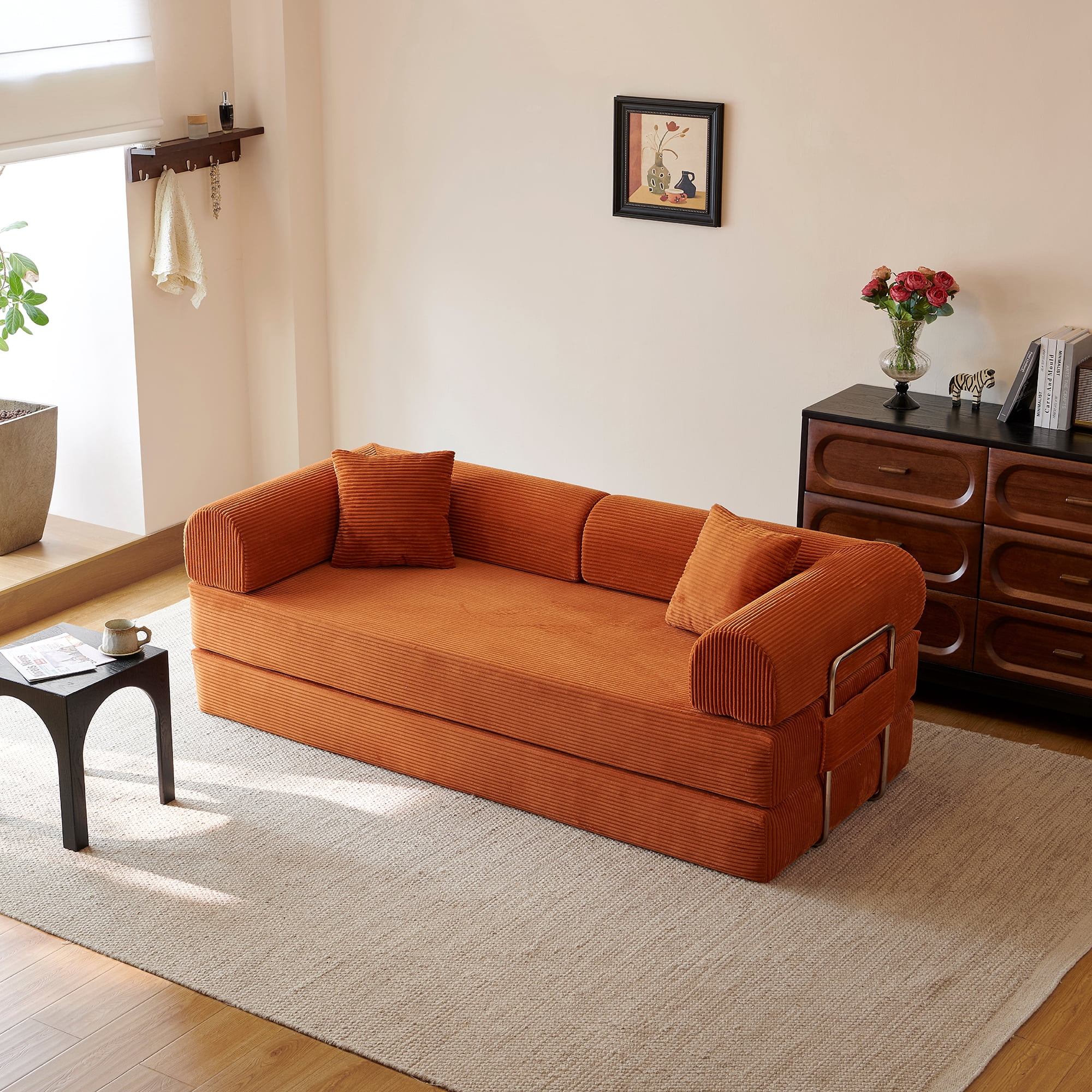 78.8" Compression Sofa, Convertible Sleeper Bed with Pillow Back Support Armrest for Living Room Bedroom