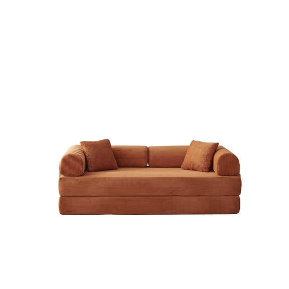 78.8" Convertible Floor Sofa Bed, Orange Corduroy Futon Sleeper Couch with Pillows & Armrests, Modular Loveseat for Living Room Bedroom