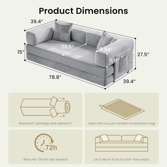 78.8" Convertible Futon Sofa Bed with Storage Pocket, Corduroy No Assembly Boneless Couch for Living Room