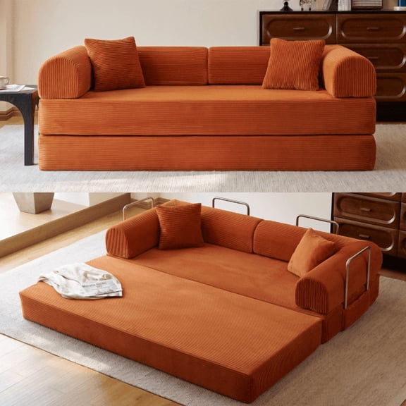 78.8" Convertible Sofa Bed, Convertible Boneless Modular Sectional Futon Loveseat, Sleeper Couch for Living Room Bedroom, No Assembly Required, Tangerine