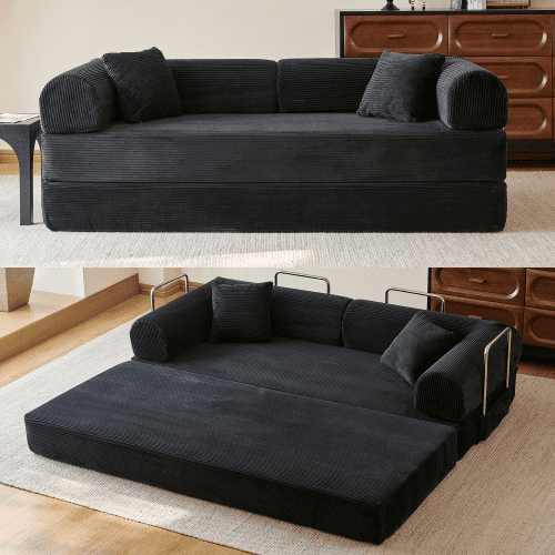 78.8" Convertible Sofa Bed, Convertible Boneless Modular Sectional Futon Loveseat, Sleeper Couch for Living Room Bedroom, No Assembly Required, Black