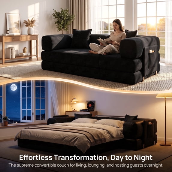 78.8" Convertible Sofa Bed,Corduroy Futon Couch with Storage Pocket,Folding Pull Out Futon Sofa,No Assembly Boneless Couch for Living Room,Black