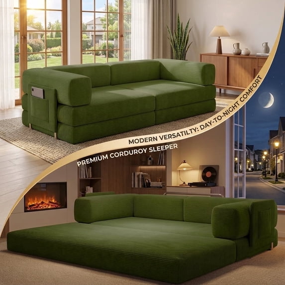 78.8" Convertible Sofa Bed,Corduroy Futon Couch with Storage Pocket,Folding Pull Out Futon Sofa,No Assembly Boneless Couch for Living Room,Green
