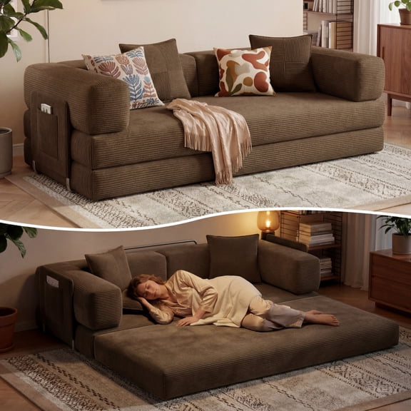 78.8" Convertible Sofa Bed, Corduroy Pull Out Couch with Storage Pocket, Folding Futon Sofa Bed, No Assembly Boneless Couch Bed Sleeper Sofa for Living Room Bedroom,Grey