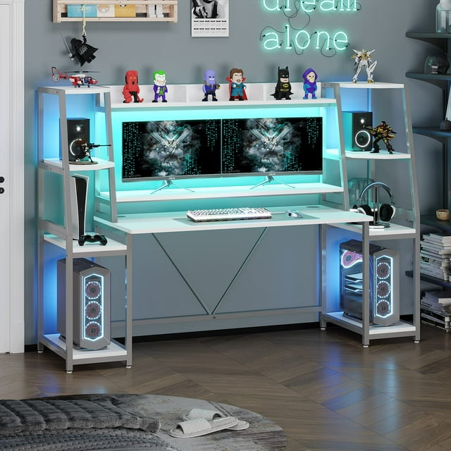 78.8" Gaming Desk with LED Lights, Hutch and Storage Shelves, Computer Desk with Monitor Stand