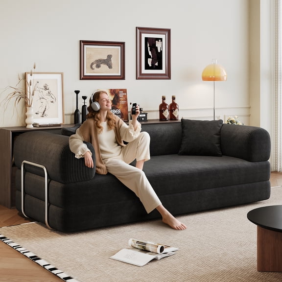 78.8 Inch 2-Seater Boneless Modular Compression Sofa, Suitable for Living Room and Bedroom, Convertible Comfortable Japanese Style Floor Sofa Bed, Black