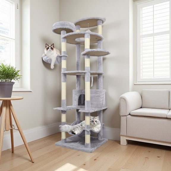 78.8-Inch Light Gray Cat Tree with 12 Scratching Posts, Large Condo, Big Hammock, and Interactive Toys for 3-4 Cats, Light Gray